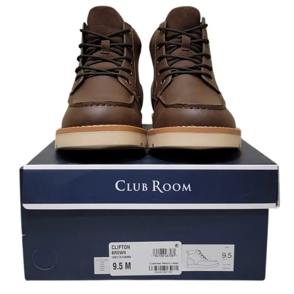 Club Room Men Moc Toe Combat Hiking Boot Clifton Size US 9.5M Brown Faux Leather